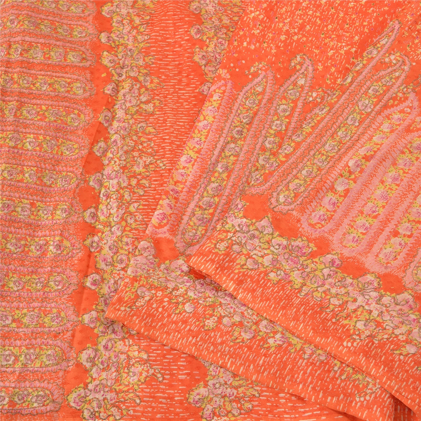 Sanskriti Vintage Orange Sarees 100% Pure Silk Hand Embroidered Zari Sari Sustainable Fabric