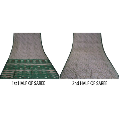 Sanskriti Vintage Green Sarees Pure Silk Hand-Woven Tant Premium Sari Sustainable Fabric