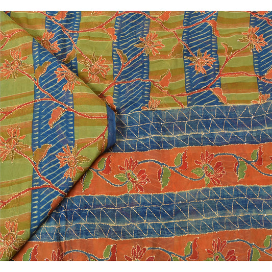 Sanskriti Vintage Green/Blue Sarees Pure Georgette Handmade Kantha Sari Sustainable Fabric