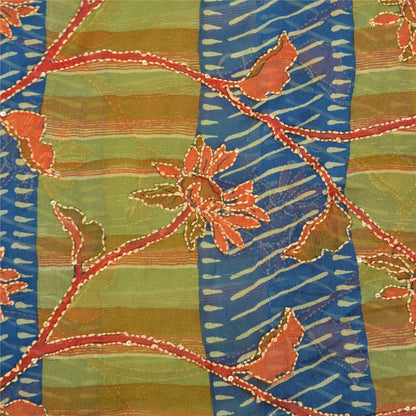 Sanskriti Vintage Green/Blue Sarees Pure Georgette Handmade Kantha Sari Sustainable Fabric