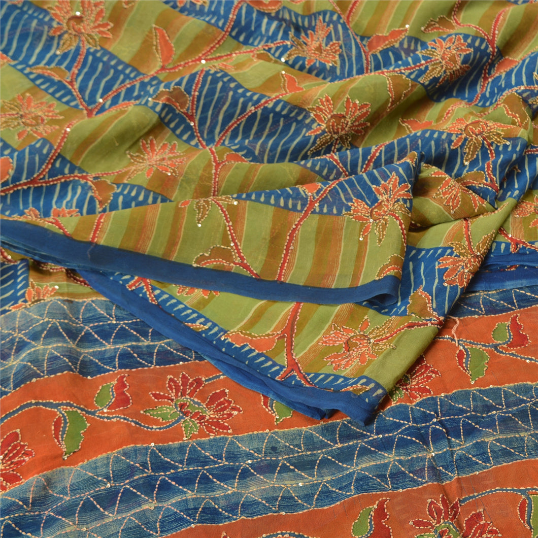 Sanskriti Vintage Green/Blue Sarees Pure Georgette Handmade Kantha Sari Fabric