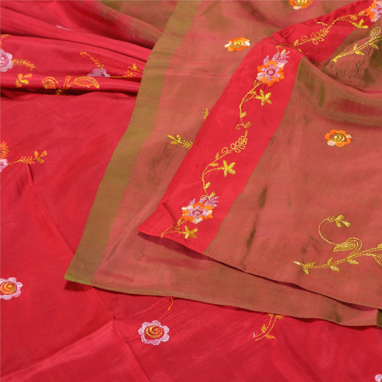Sanskriti Vintage Cherry/Green Sarees Pure Silk Embroidered Sari Craft Sustainable Fabric