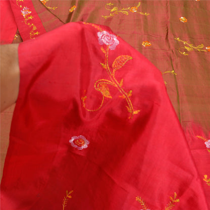 Sanskriti Vintage Cherry/Green Sarees Pure Silk Embroidered Sari Craft Sustainable Fabric