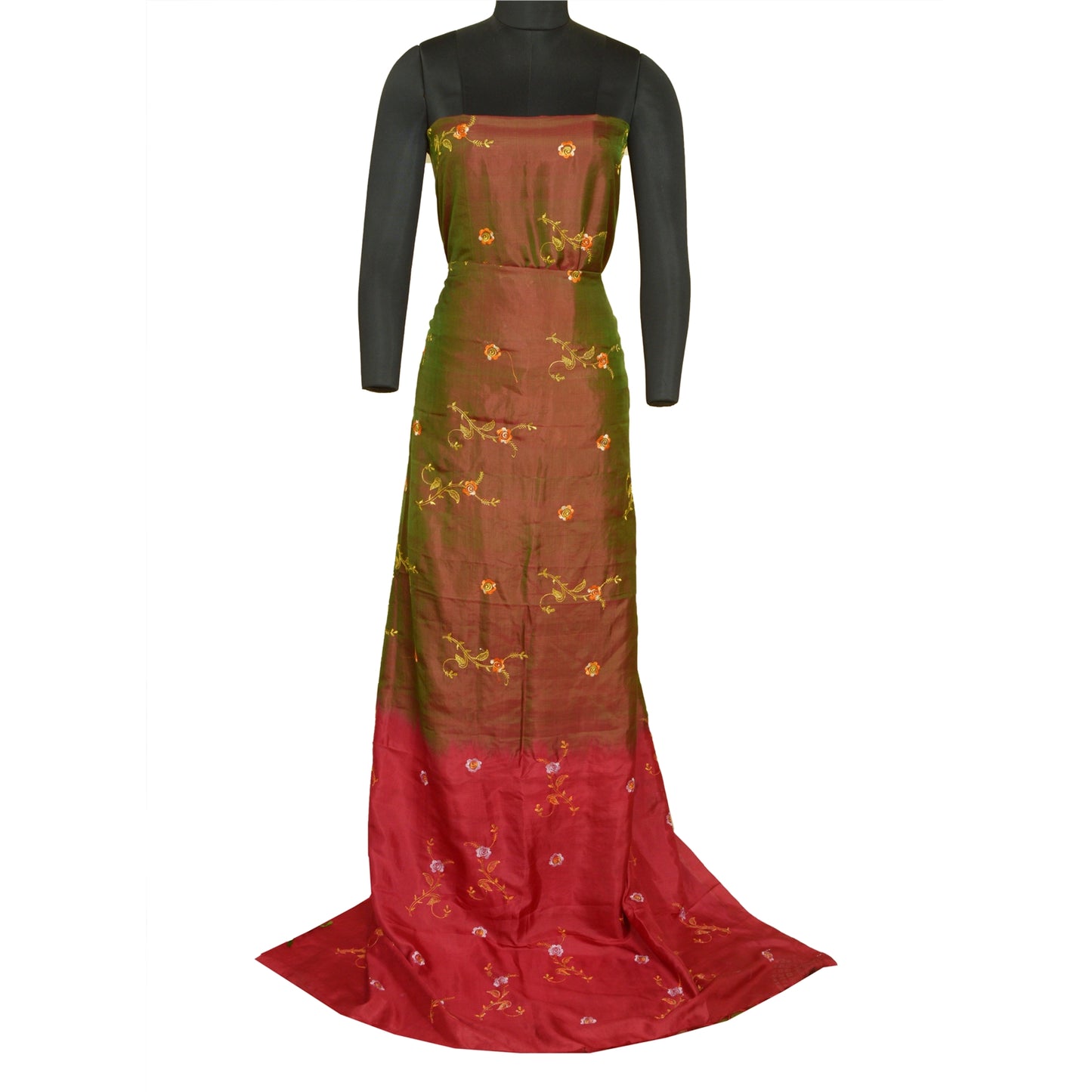 Sanskriti Vintage Cherry/Green Sarees Pure Silk Embroidered Sari Craft Sustainable Fabric