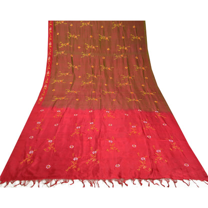 Sanskriti Vintage Cherry/Green Sarees Pure Silk Embroidered Sari Craft Sustainable Fabric