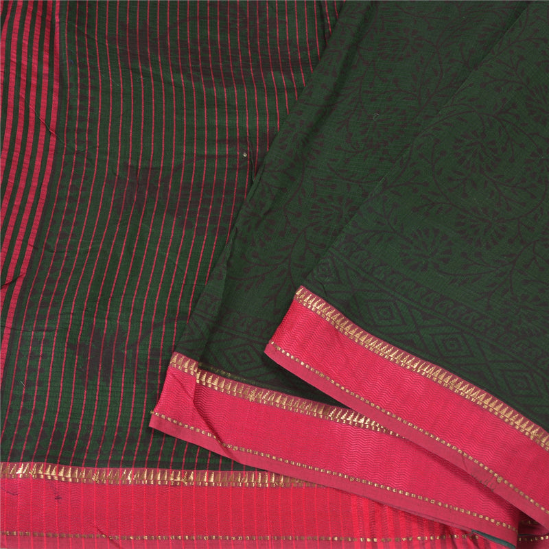 Sanskriti Vintage Saree Green 100% Pure Cotton 5+Yd Sarees Hand-Block Printed & Woven Heritage Sari From Gujrat, Rajasthan West Bengal