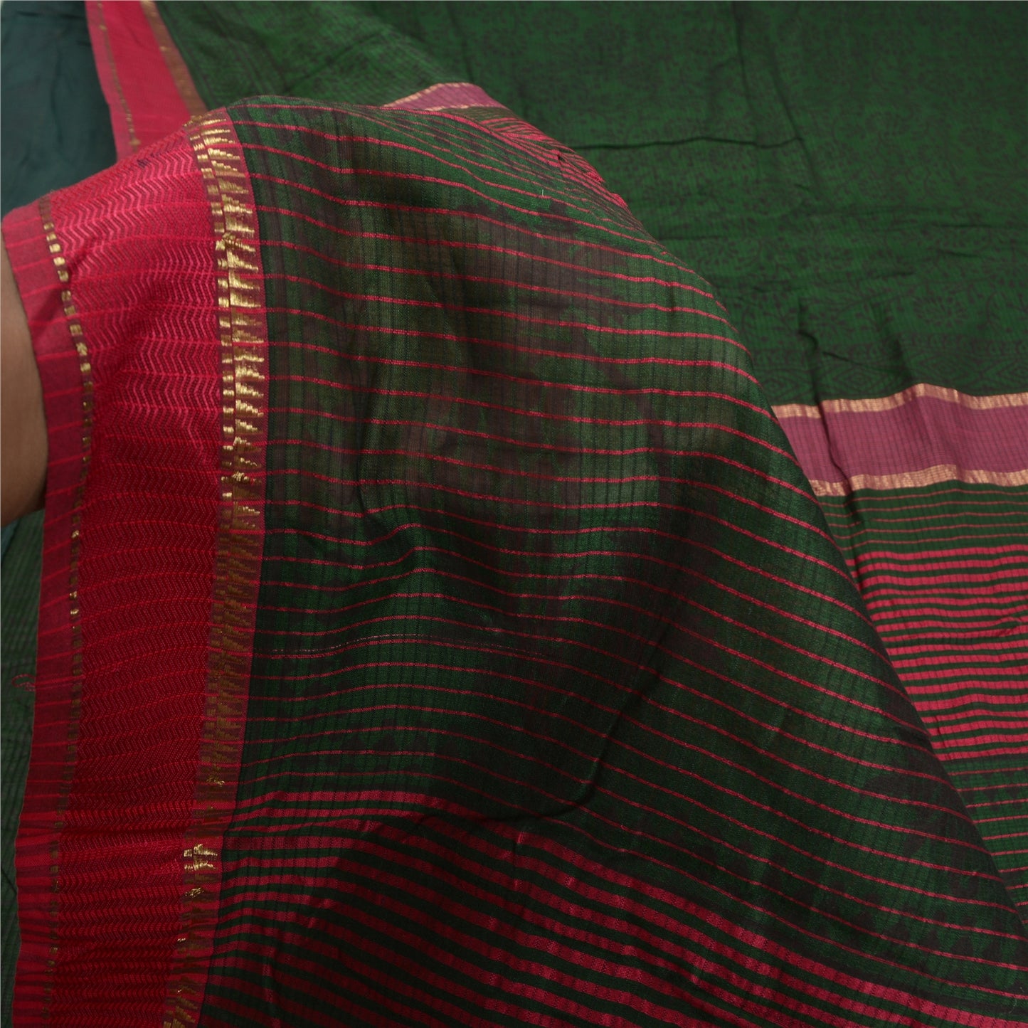 Sanskriti Vintage Green/Pink Sarees Pure Cotton Hand-Block Printed Sari Sustainable Fabric