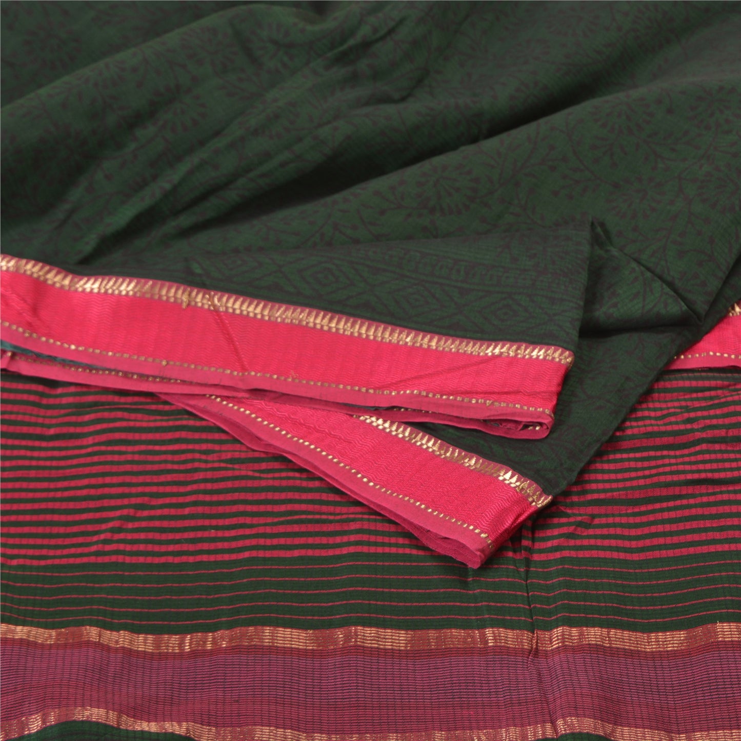 Sanskriti Vintage Green/Pink Sarees Pure Cotton Hand-Block Printed Sari Sustainable Fabric
