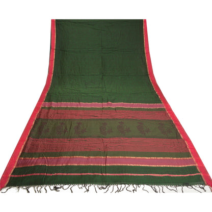 Sanskriti Vintage Green/Pink Sarees Pure Cotton Hand-Block Printed Sari Sustainable Fabric