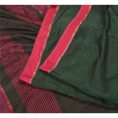 Sanskriti Vintage Green/Pink Sarees Pure Cotton Hand-Block Printed Sari Sustainable Fabric