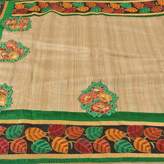 Sanskriti Vintage Ivory Sarees Pure Handloom Silk Embroidered Sari Craft Sustainable Fabric