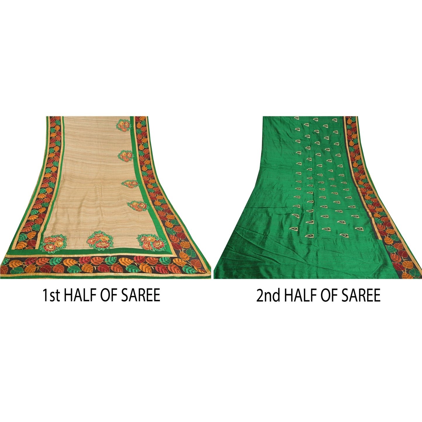 Sanskriti Vintage Elfenbens Sarees Ren Håndvævet Silke Broderet Sari Håndværk Bæredygtigt Stoff