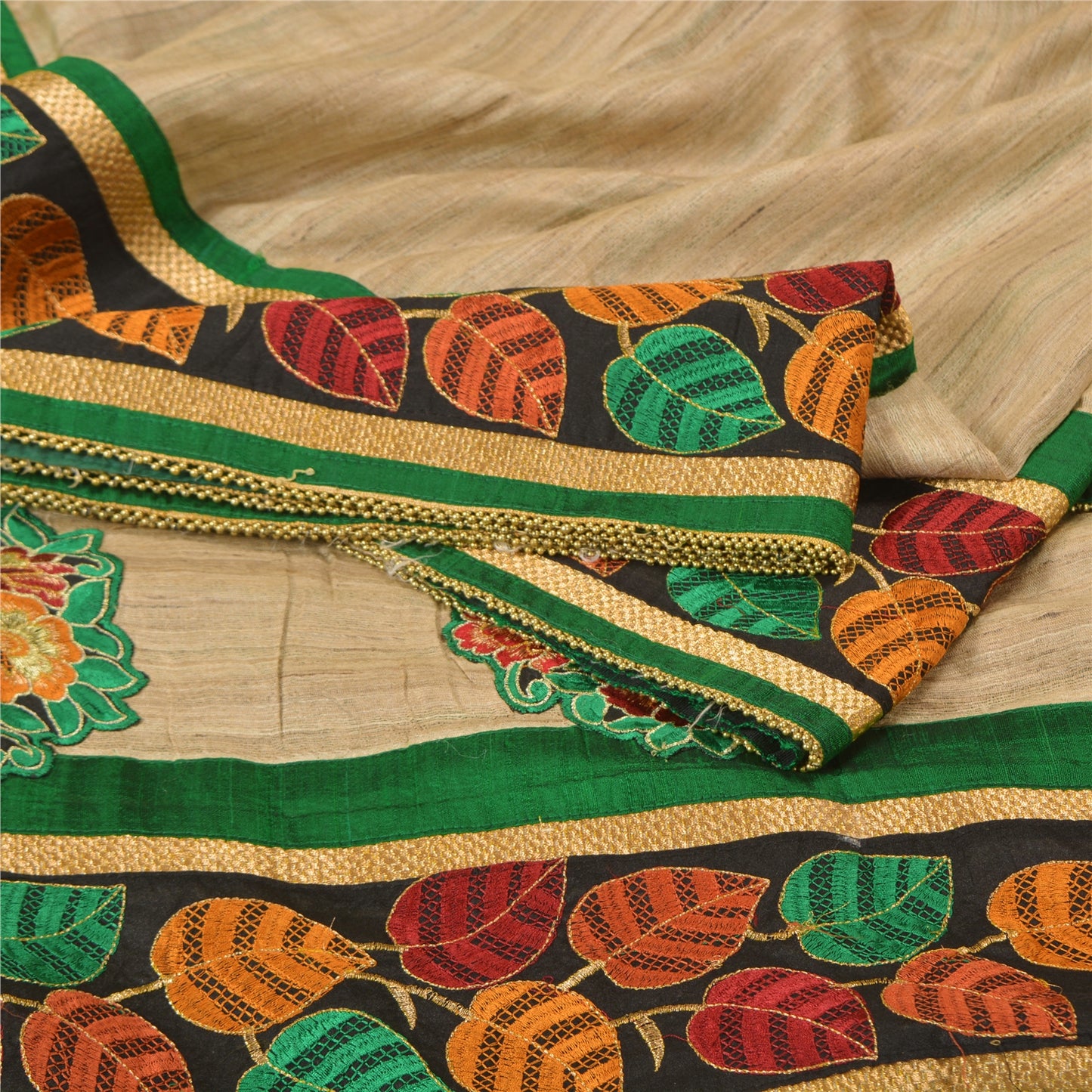 Sanskriti Vintage Elfenbens Sarees Ren Håndvævet Silke Broderet Sari Håndværk Bæredygtigt Stoff