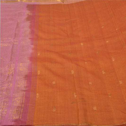 Sanskriti Vintage Orange/Pink Sarees 100% Pure Cotton Woven Brocade Sari Sustainable Fabric