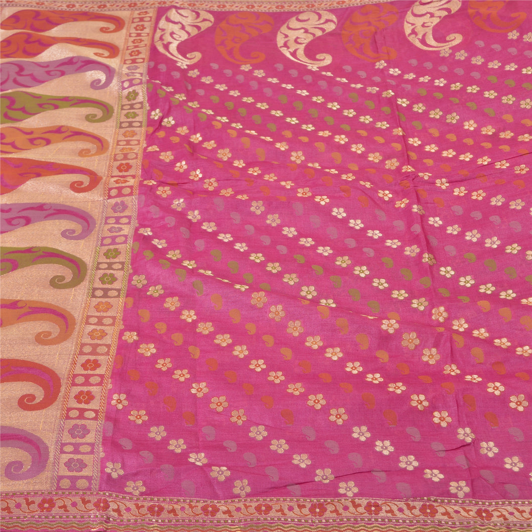 Sanskriti Vintage Pink Indian Sarees 100% Pure Silk Woven Sari 5 YD Craft Fabric