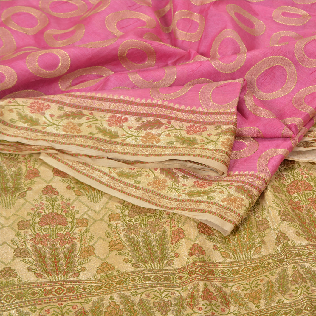 Sanskriti Vintage Pink/Ivory Sarees 100% Pure Silk Woven Premium Sari Fabric