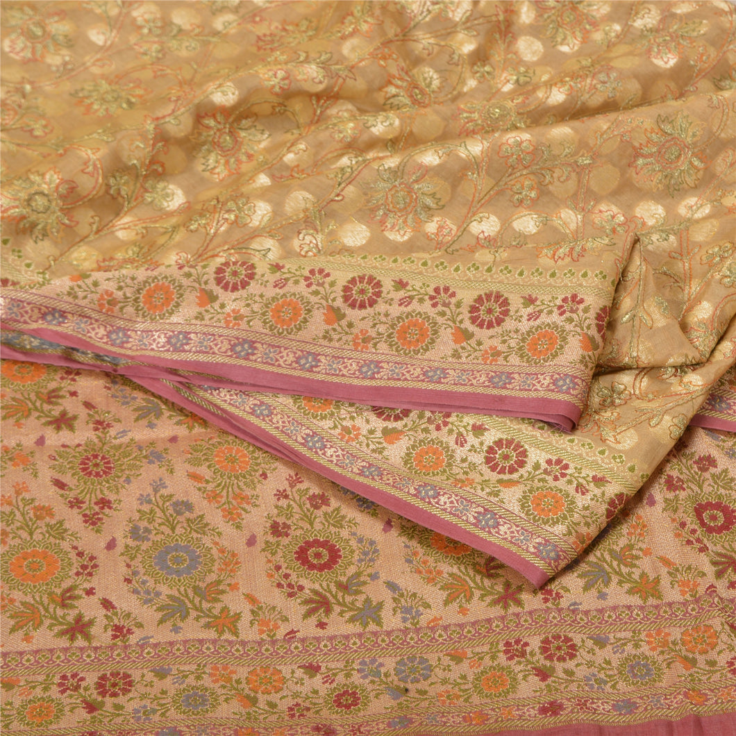 Sanskriti Vintage Pink/Golden Sarees Pure Silk Embroidered Woven Sari Fabric
