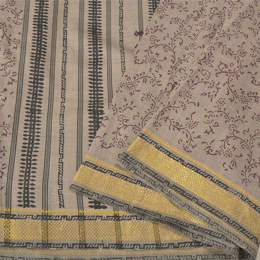 Sanskriti Vintage Grey Indian Sarees Blend Silk Hand-Block Printed Sari Sustainable Fabric