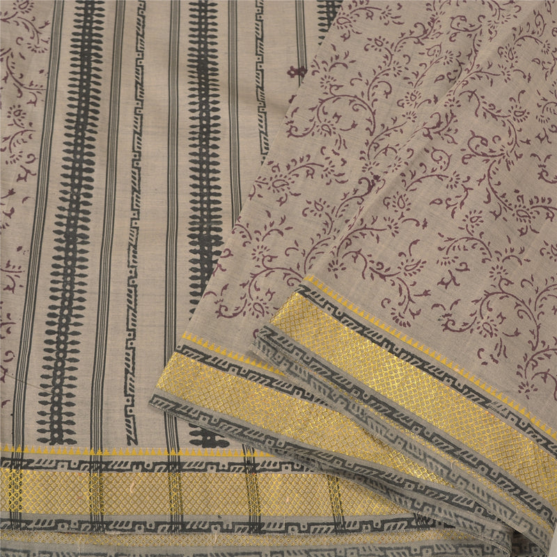 Sanskriti Vintage Grey Indian Sarees Blend Silk Hand-Block Printed Sari Sustainable Fabric