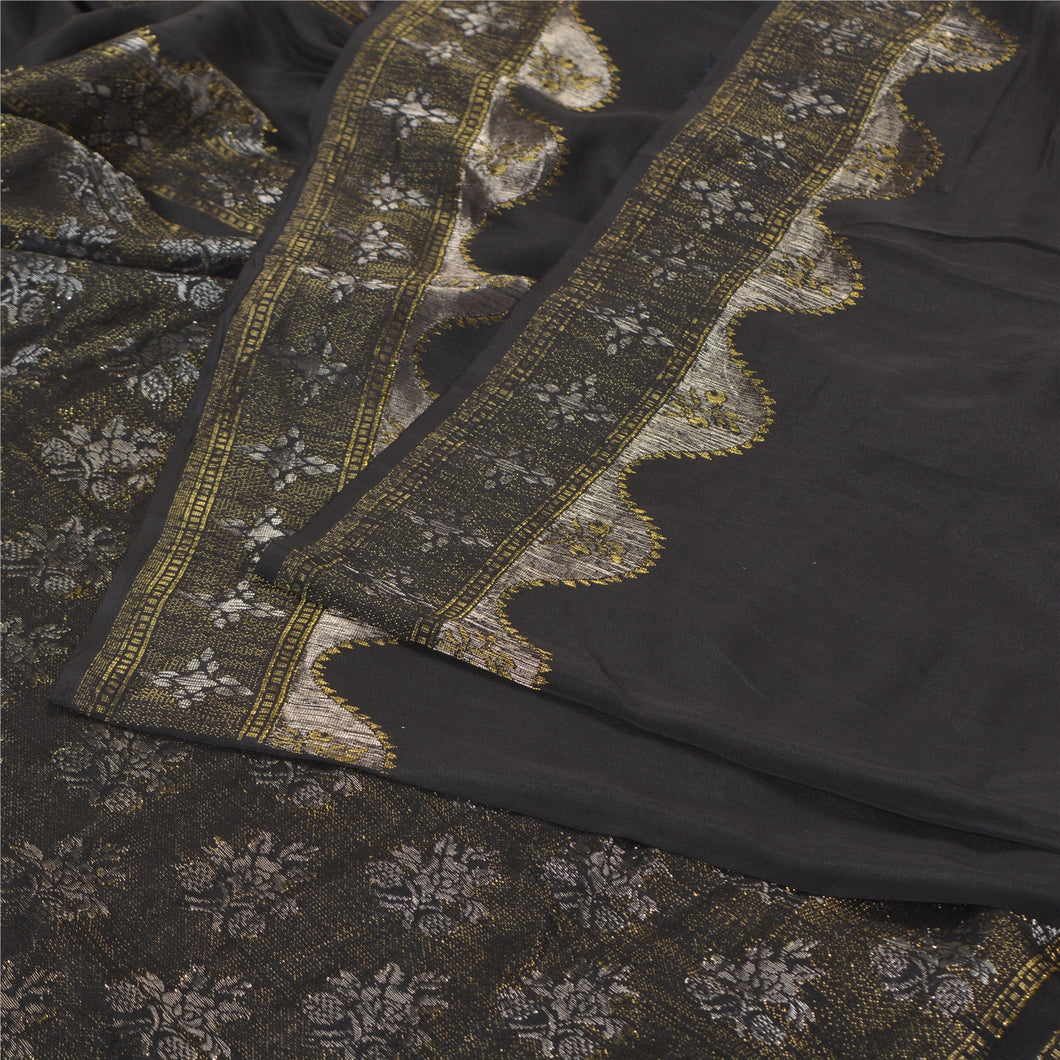 Sanskriti Vintage Black Indian Sarees 100% Pure Silk Woven Brocade Sari Fabric