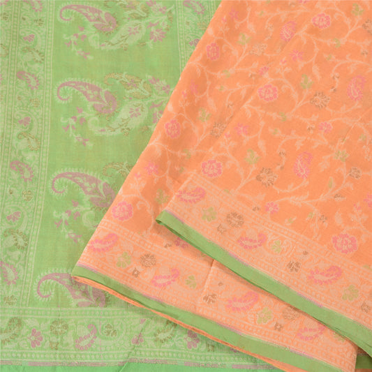 Sanskriti Vintage Peach/Green Sarees 100% Pure Silk Woven Premium Sari Sustainable Fabric