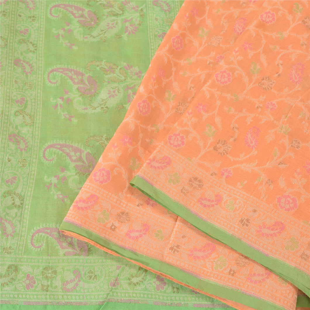 Sanskriti Vintage Peach/Green Sarees 100% Pure Silk Woven Premium Sari Fabric