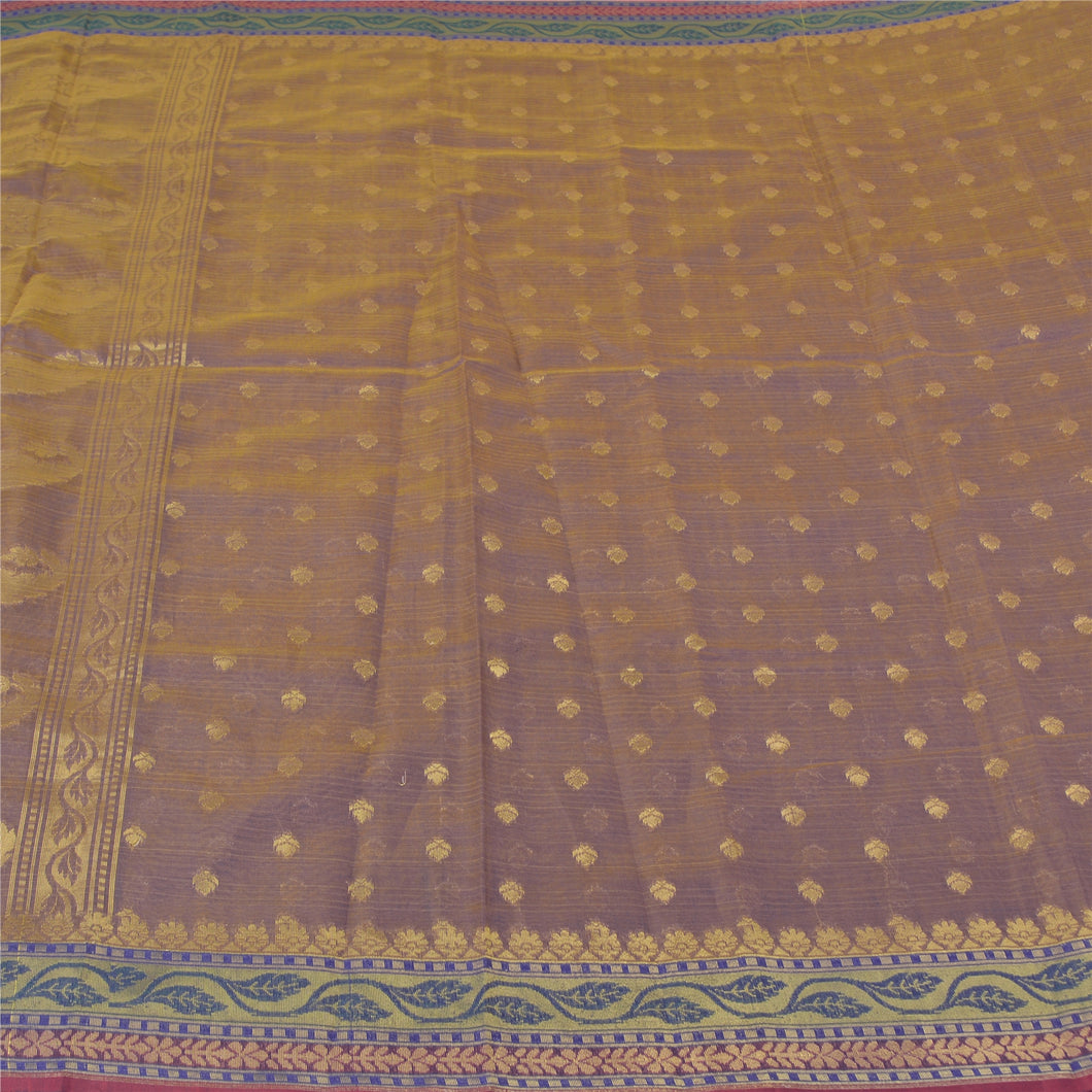 Sanskriti Vintage Purple Indian Sarees Organza Woven Sari Craft 5 Yard Fabric