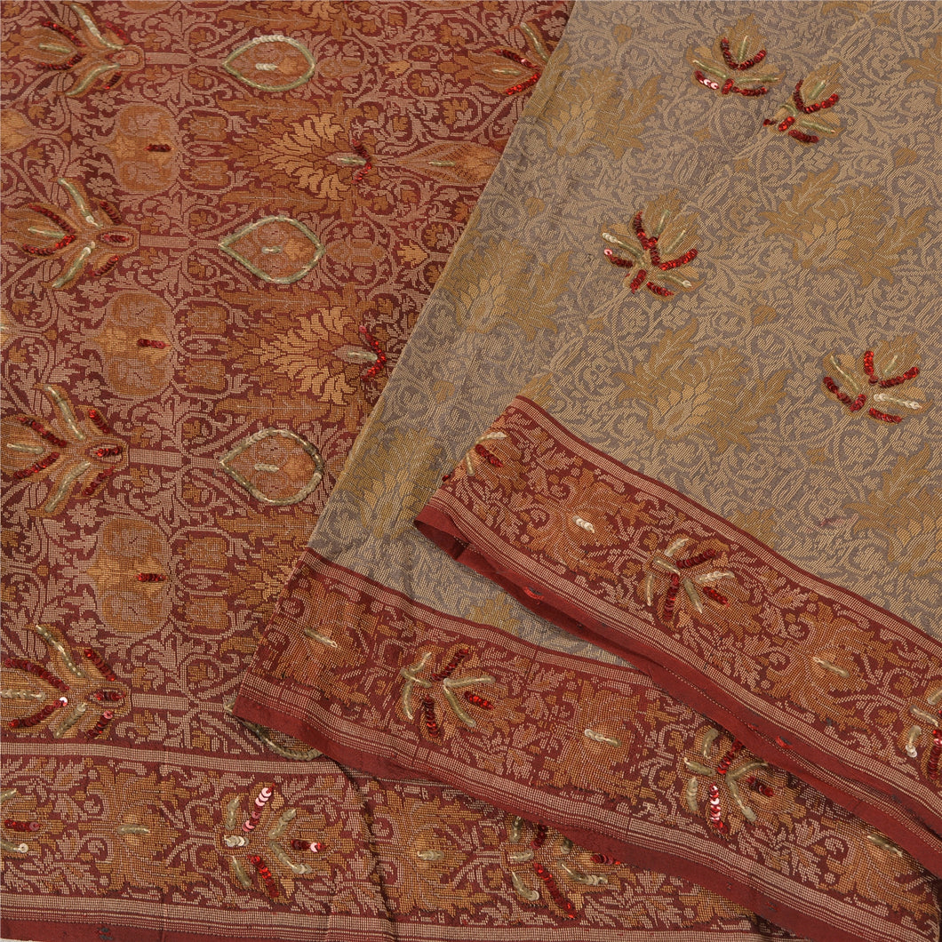 Sanskriti Vintage Grey/Dark Red Sarees Pure Silk Hand Beaded Woven Sari Fabric