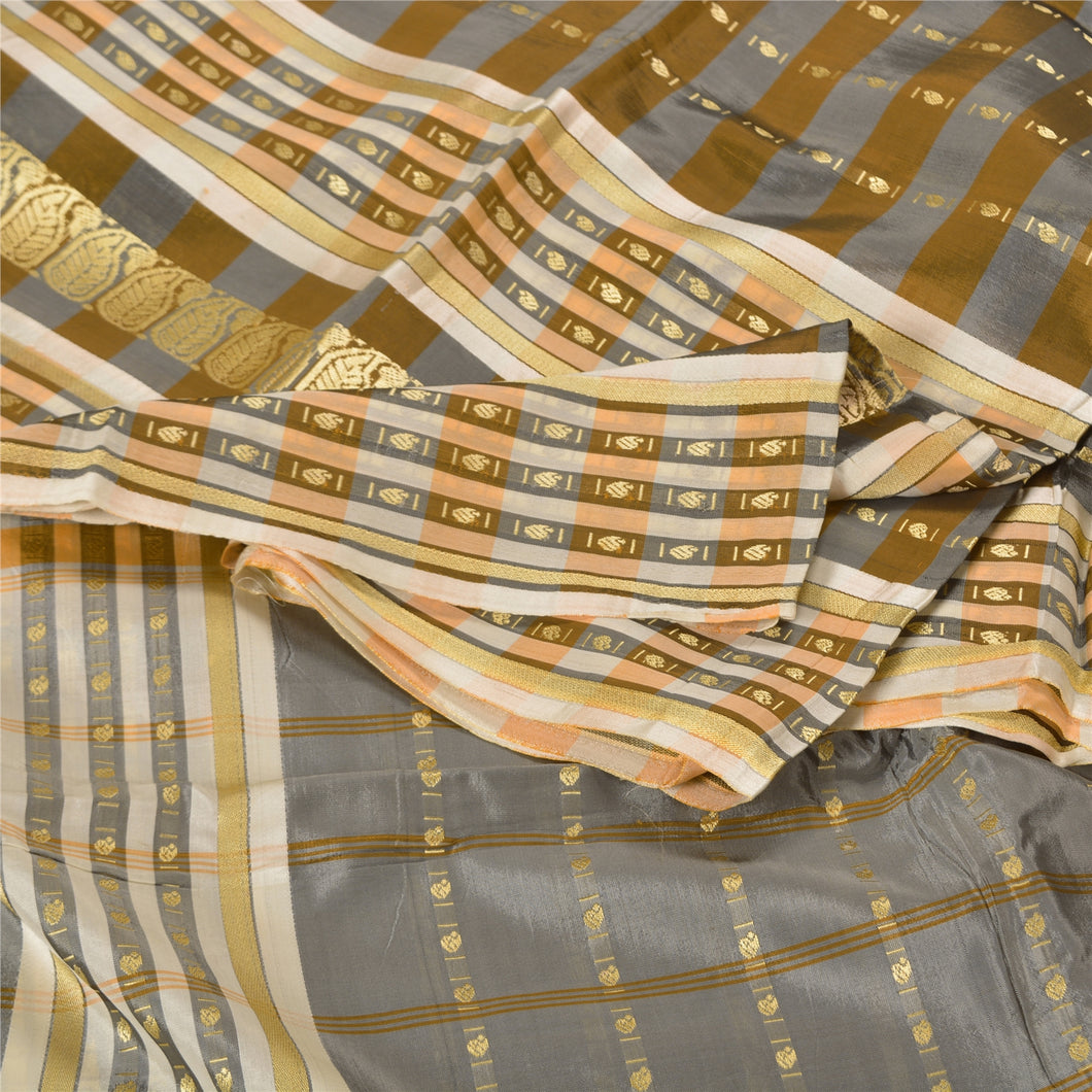 Sanskriti Vintage Grey Indian Sarees 100% Pure Silk Woven Premium Sari Fabric