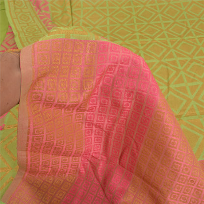Sanskriti Vintage Pink/Green Sarees 100% Pure Silk Woven Premium Sari Sustainable Fabric