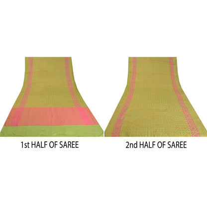 Sanskriti Vintage Pink/Green Sarees 100% Pure Silk Woven Premium Sari Sustainable Fabric