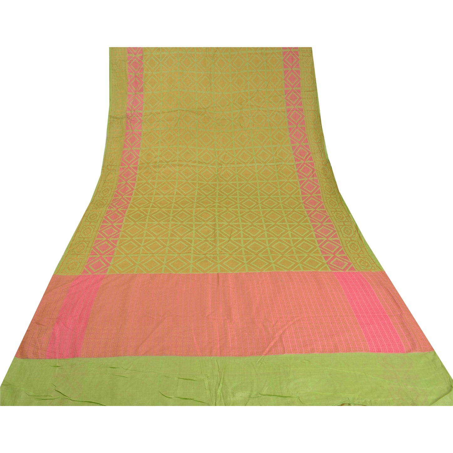 Sanskriti Vintage Pink/Green Sarees 100% Pure Silk Woven Premium Sari Sustainable Fabric