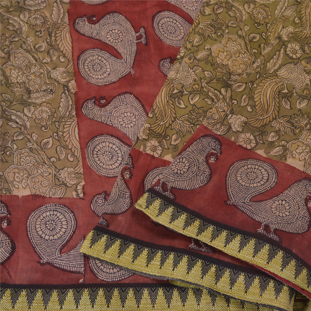 Sanskriti Vintage Green/Red Sarees Cotton Silk Kalamkari Block Print Sari Fabric