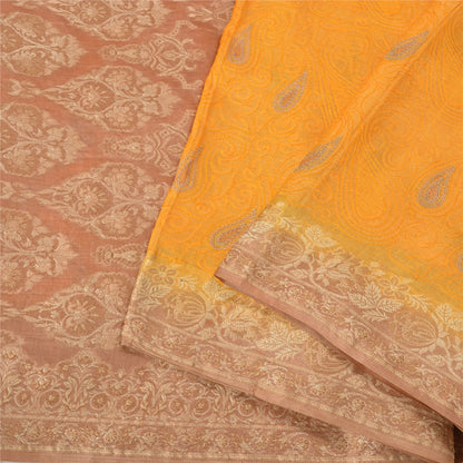 Sanskriti Vintage Yellow Indian Sarees 100% Pure Silk Woven Sari 5 YD Sustainable Fabric