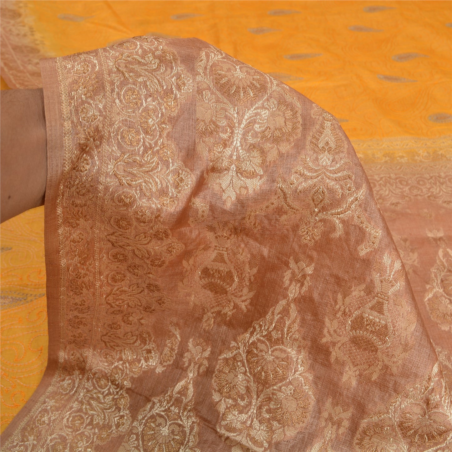 Sanskriti Vintage Yellow Indian Sarees 100% Pure Silk Woven Sari 5 YD Sustainable Fabric