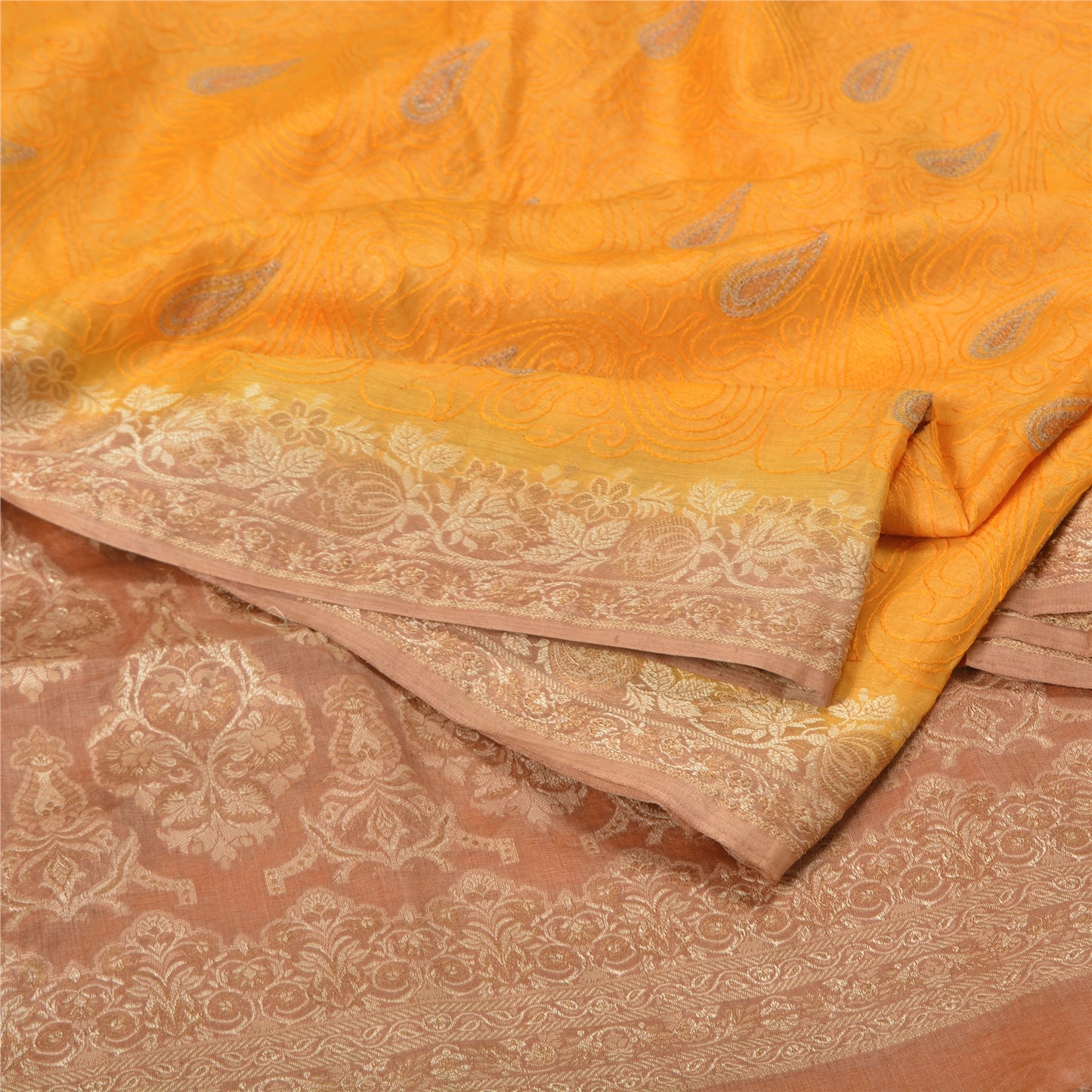 Sanskriti Vintage Yellow Indian Sarees 100% Pure Silk Woven Sari 5 YD Sustainable Fabric
