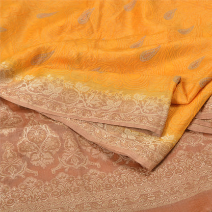 Sanskriti Vintage Yellow Indian Sarees 100% Pure Silk Woven Sari 5 YD Sustainable Fabric