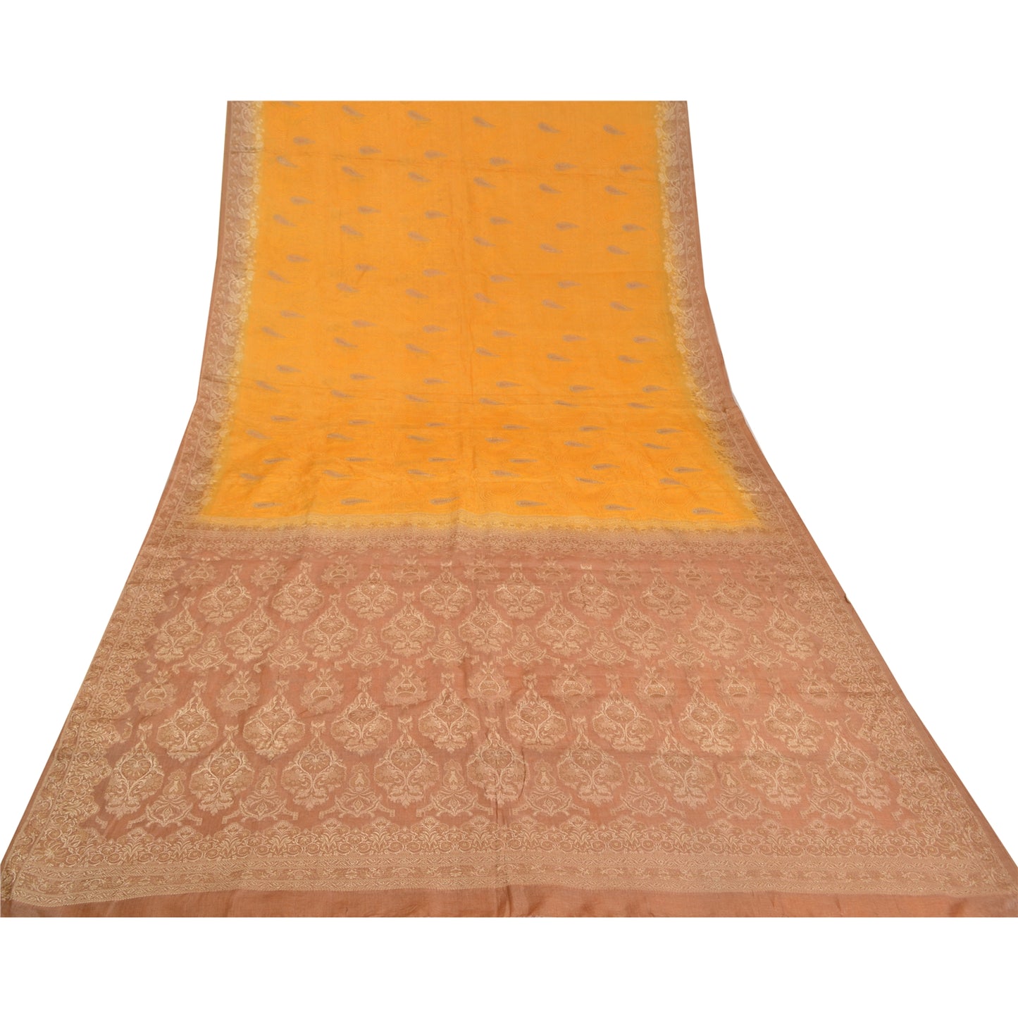 Sanskriti Vintage Yellow Indian Sarees 100% Pure Silk Woven Sari 5 YD Sustainable Fabric