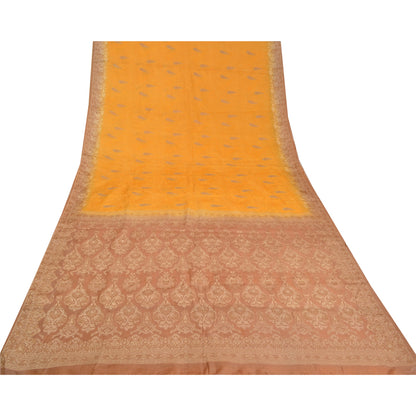 Sanskriti Vintage Yellow Indian Sarees 100% Pure Silk Woven Sari 5 YD Sustainable Fabric