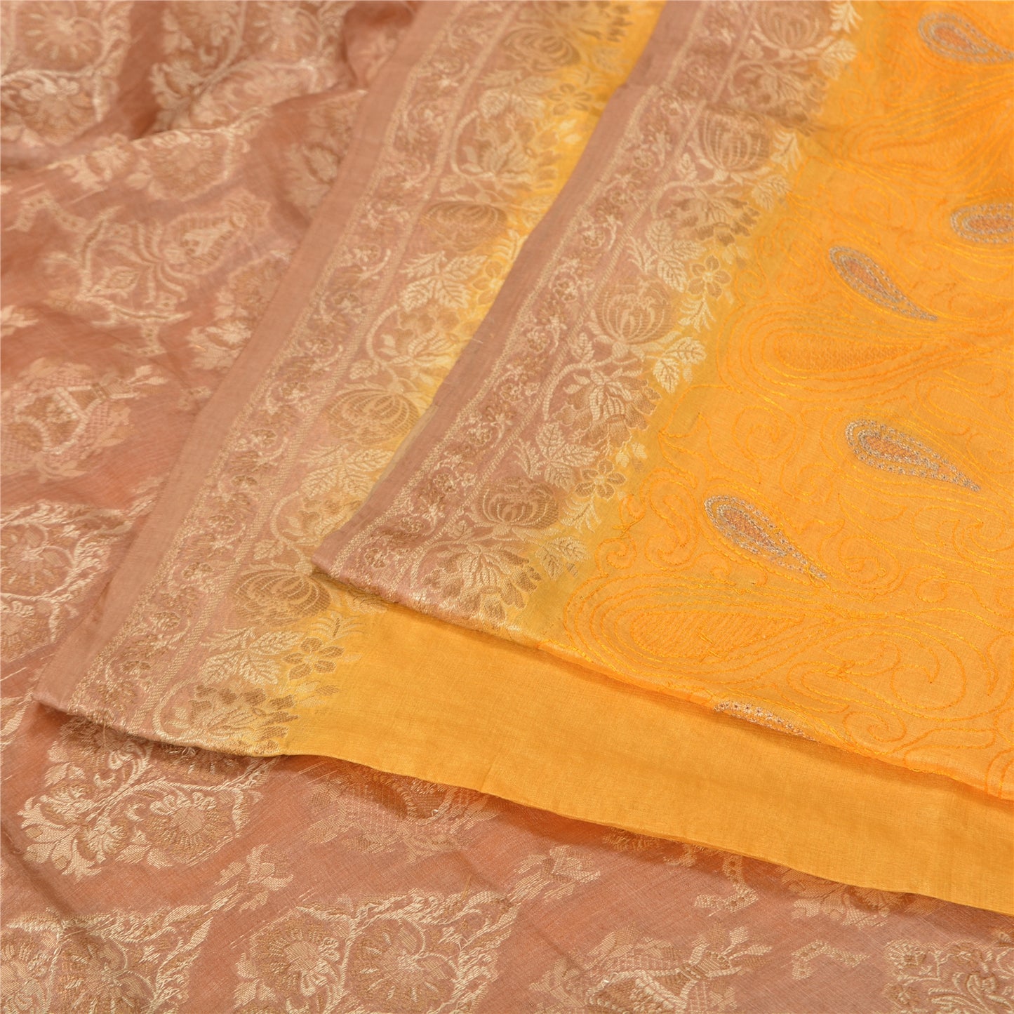 Sanskriti Vintage Yellow Indian Sarees 100% Pure Silk Woven Sari 5 YD Sustainable Fabric