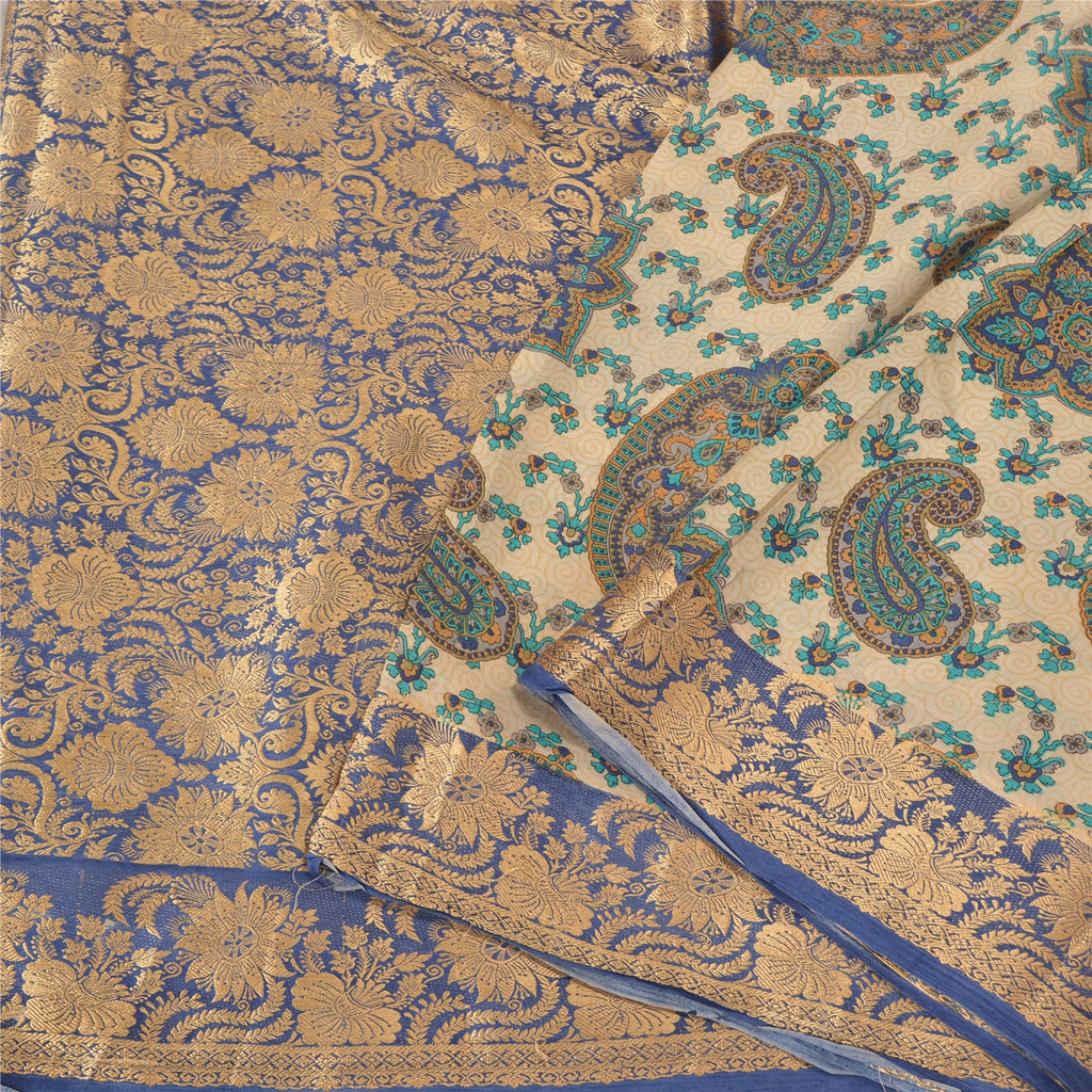 Sanskriti Vintage Blå/Elfenben Indiske Sarier 100% Ren Silke Vævet Sari 5 Yards Bæredygtigt Stof