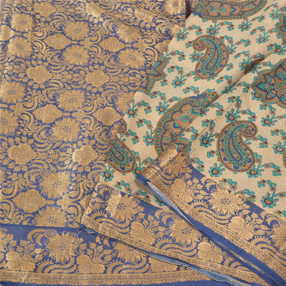 Sanskriti Vintage Blå/Elfenben Indiske Sarier 100% Ren Silke Vævet Sari 5 Yards Bæredygtigt Stof