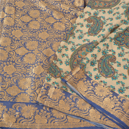 Санскритские винтажные индийские сари синего/цвета слоновой кости из 100% чистого шелка, 5 ярдов, устойчивая ткань