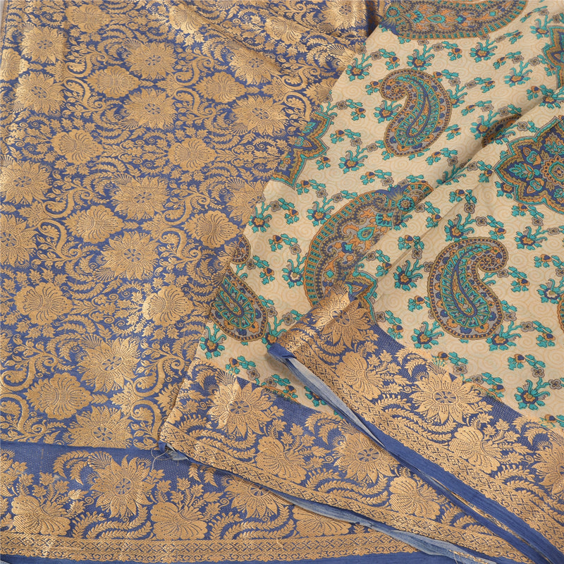 Sanskriti Vintage Blue/Ivory Indian Sarees 100% Pure Silk Woven Sari 5 YD Sustainable Fabric