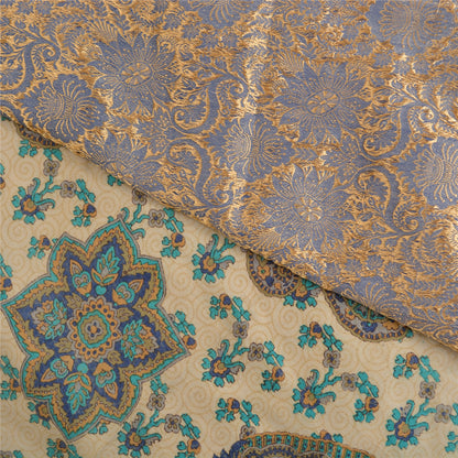 Sanskriti Vintage Blå/Elfenben Indiske Sarier 100% Ren Silke Vævet Sari 5 Yards Bæredygtigt Stof