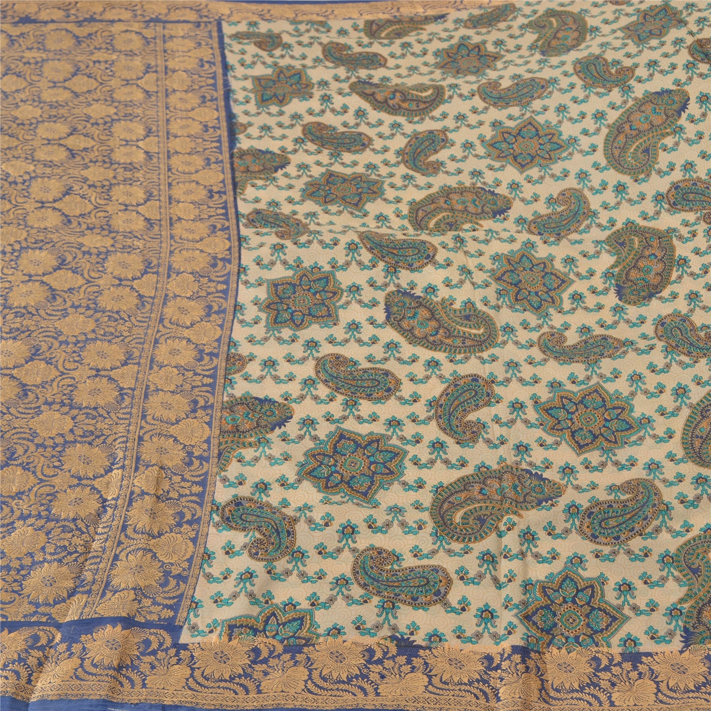 Sanskriti Vintage Blå/Elfenben Indiske Sarier 100% Ren Silke Vævet Sari 5 Yards Bæredygtigt Stof