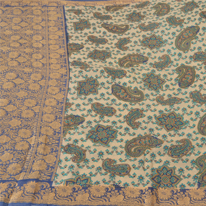 Sanskriti Vintage Blå/Elfenben Indiske Sarier 100% Ren Silke Vævet Sari 5 Yards Bæredygtigt Stof