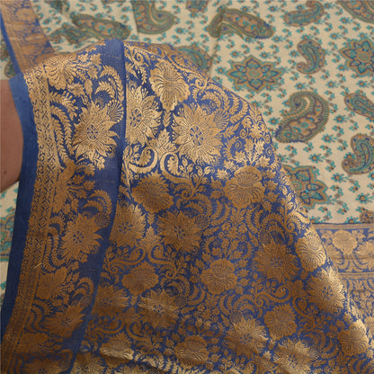 Sanskriti Vintage Blå/Elfenben Indiske Sarier 100% Ren Silke Vævet Sari 5 Yards Bæredygtigt Stof