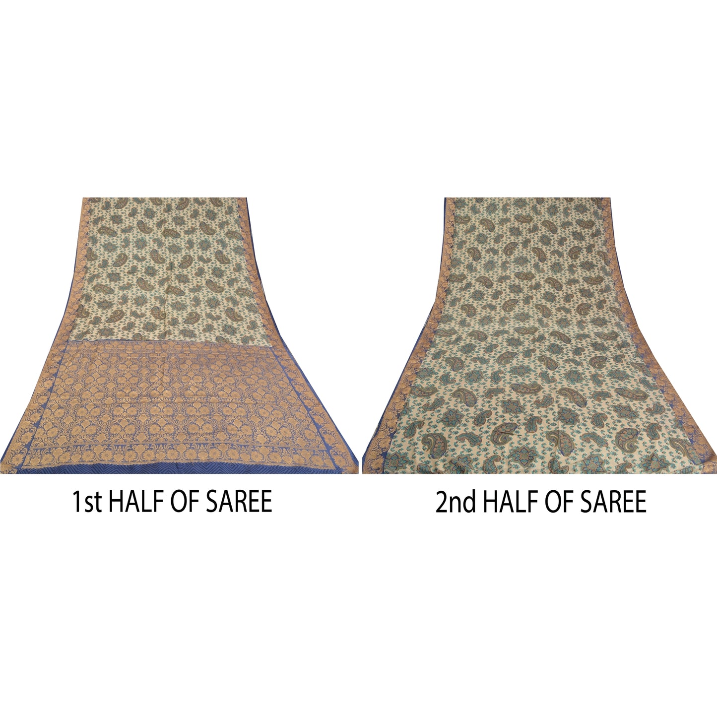 Sanskriti Vintage Blå/Elfenben Indiske Sarier 100% Ren Silke Vævet Sari 5 Yards Bæredygtigt Stof