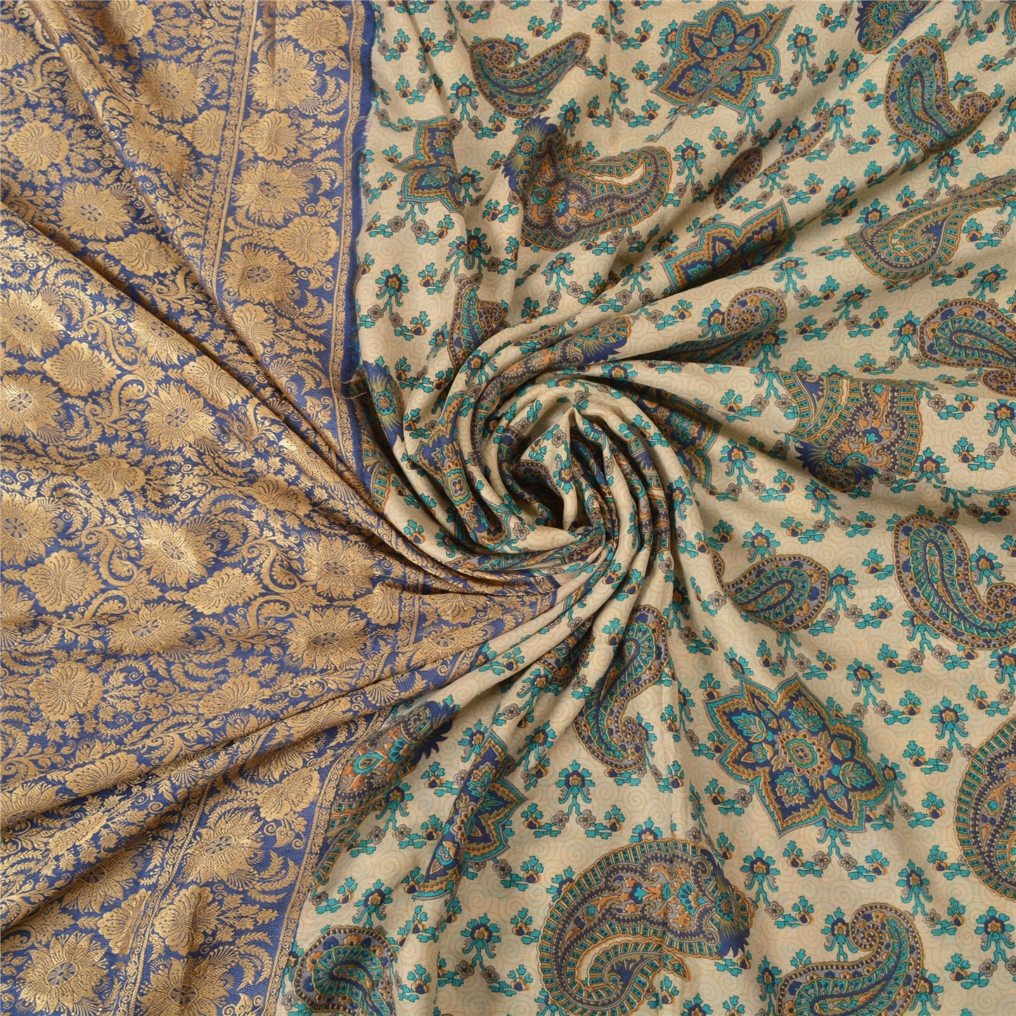 Sanskriti Vintage Blå/Elfenben Indiske Sarier 100% Ren Silke Vævet Sari 5 Yards Bæredygtigt Stof